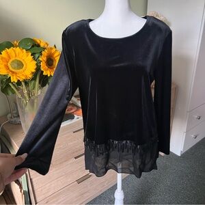 VINTAGE Black Velvet Velour Chiffon Beaded Sequin Formal Tunic Blouse Modest Top